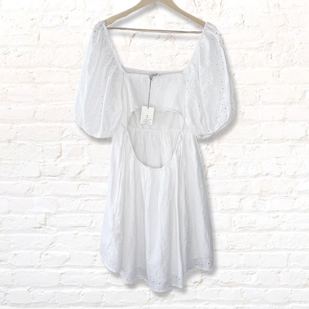 A New Day Eyelet Puff Sleeve Babydoll Mini Dress Size M White NWT - Picture 4 of 13